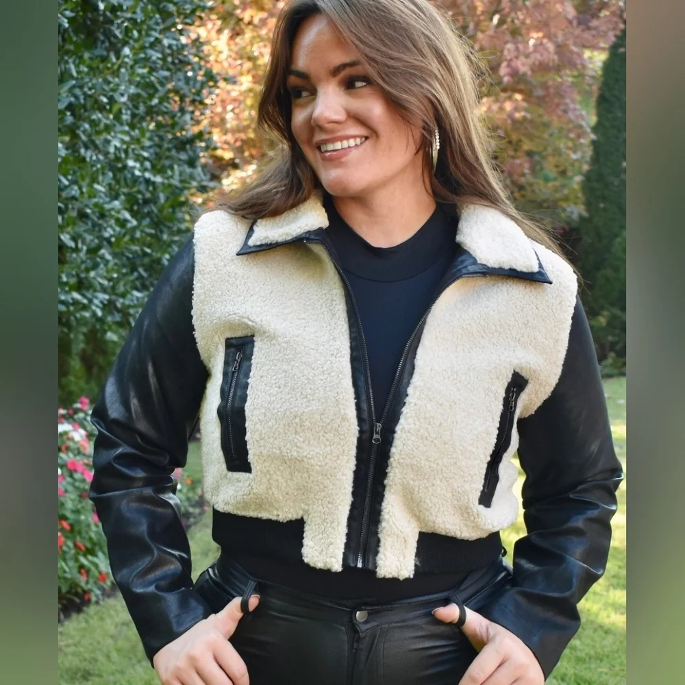 Blue Blush Black and Cream Teddy Jacket Faux Leather S, M, and Large - Picture 1 of 6